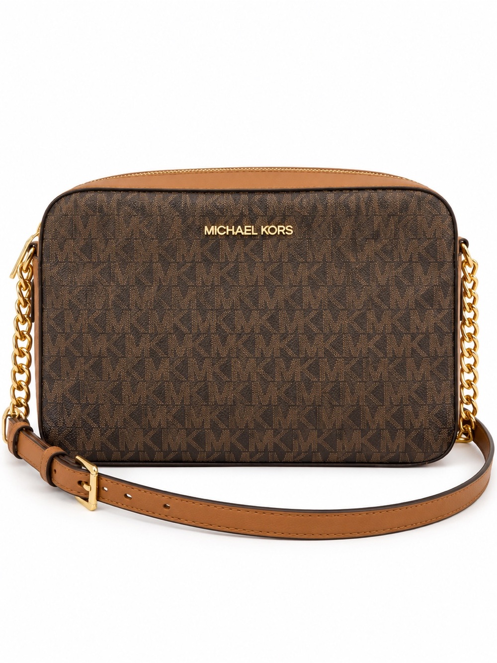 Michael Kors Brown MK Logo Crossbody with Tan Trim and Gold Hardware